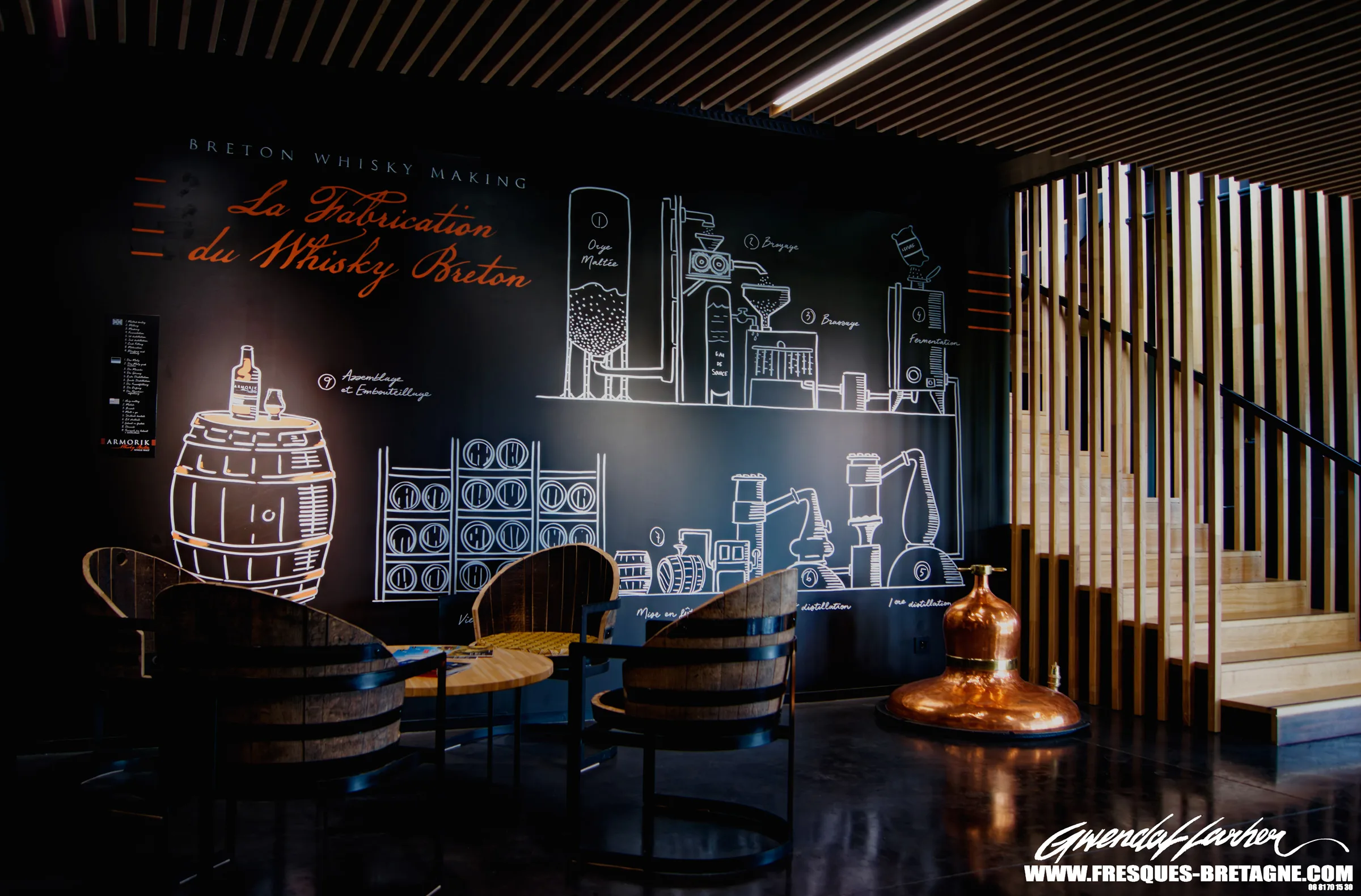 Show-room de distillerie au design industriel : mur noir orné d'illustrations au trait blanc racontant le savoir-faire de la maison, escalier en bois et alambic en cuivre